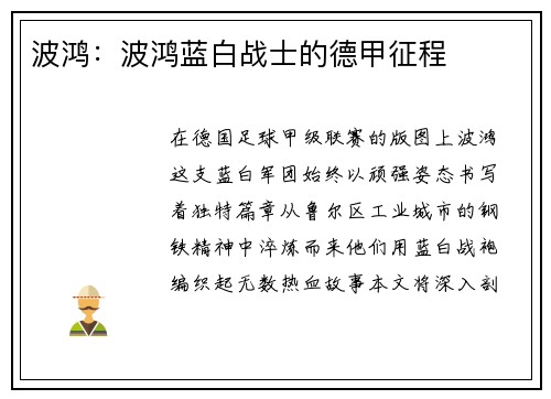波鸿：波鸿蓝白战士的德甲征程