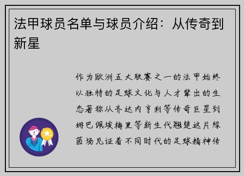 法甲球员名单与球员介绍：从传奇到新星