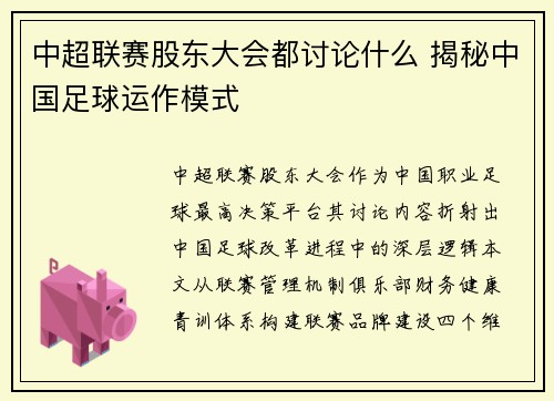 中超联赛股东大会都讨论什么 揭秘中国足球运作模式