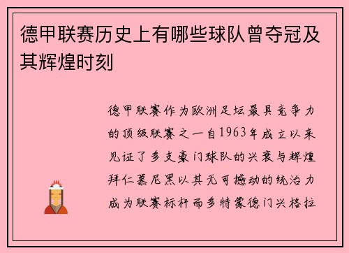 德甲联赛历史上有哪些球队曾夺冠及其辉煌时刻