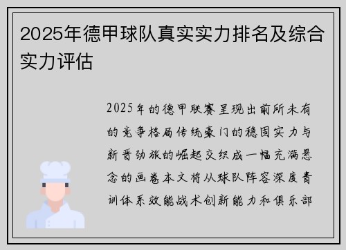 2025年德甲球队真实实力排名及综合实力评估
