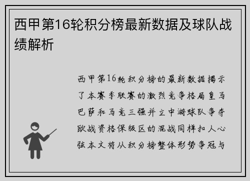 西甲第16轮积分榜最新数据及球队战绩解析